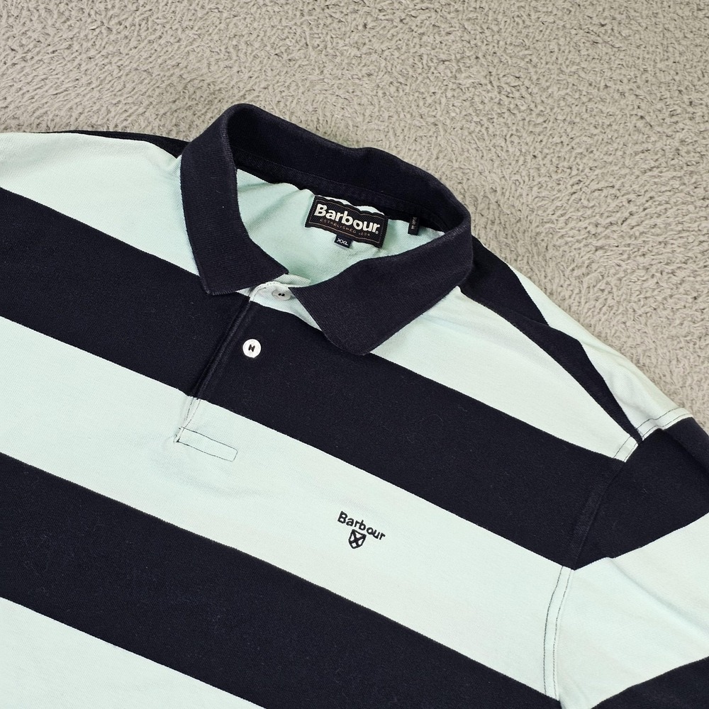 Barbour Polo Shirt Mens 2XL Blue Navy Striped Rugby 100% Cotton Short Sleeve